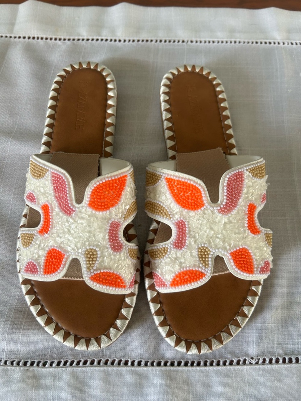 Beaded Cutout Flat Sandals - White with Coral & Pink - Picture 2 of 7